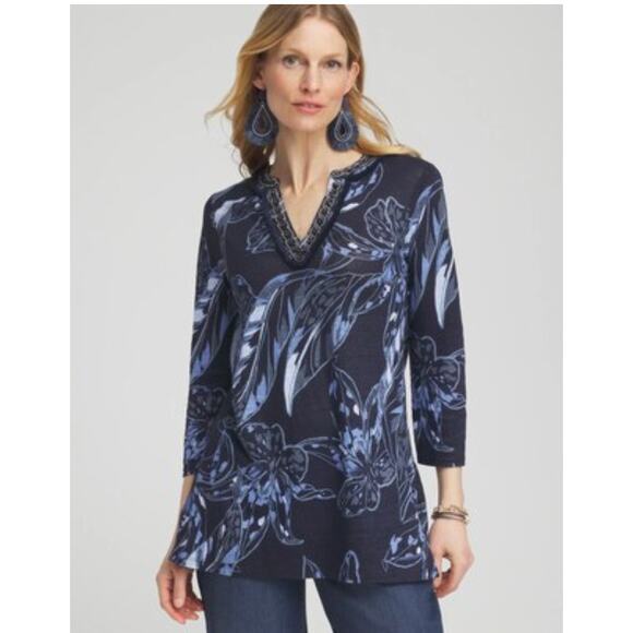 Chico's Linen Floral Embellished Tunic Blue Plus Sz. XL / 16 Chicos Lightweight - Picture 1 of 9